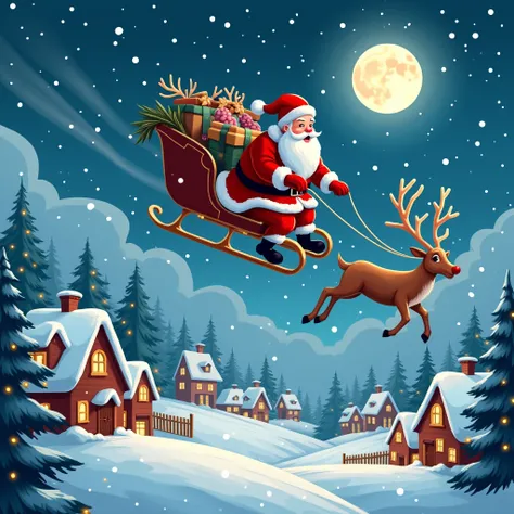 คุณภาพที่ดีที่สุด, Vector illustration of Santa Claus flying over a snowy village at night with a full moon."