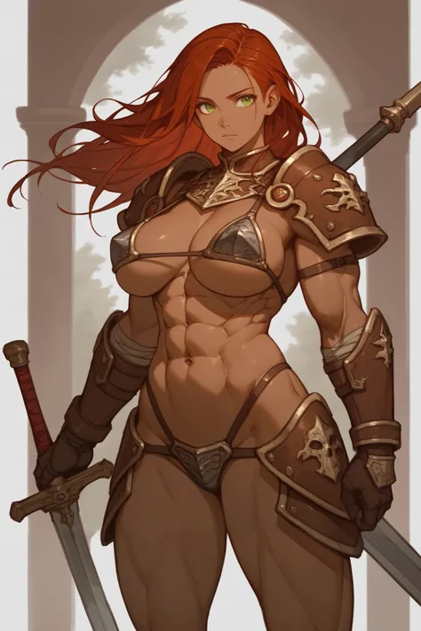 A character portrait picture of a female warrior in front of a brown canyon background. Physically, she has a medium build, with dark skin, toned muscles, and is holding a large two-handed sword. (((Her hair is auburn and very long.))) She has green eyes, ...