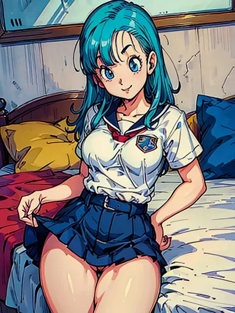 big ass,seductive smile,in the beds, school uniform , beautiful face,  detailed eyes, long,  medium breasts ,  thin waist ,  thin legs ,  perfect body , Bulma
