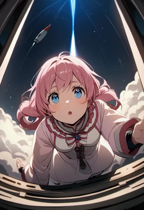  rocket launch 、projectile 、whole body、 looking up from the ground、 pink haired girl、 blue eyes、 twin drill、 movie scene