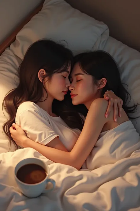 An Asian brunette girl gently hugs a beautiful girl in bed with one hand and they drink coffee with her