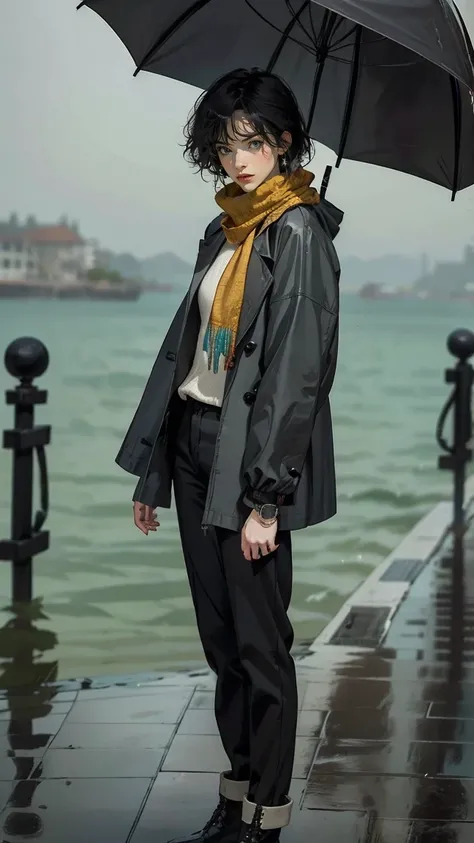 24 year old dark skinned man、blue eyes、blonde、medium long curly hair、Accessorize your wrist、Colorful Scarf Tie Blouse((scarf tie blouse))、raincoat,loose grey fashionable pants, short hair, at the sea side, boots, umbrella, rain