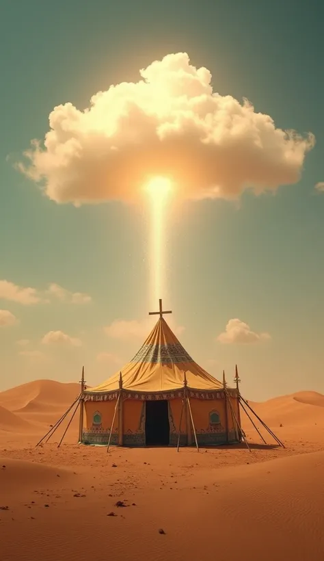  Cinematic images about the biblical story of the Exodus with the following information: 
16. "The congregation tent in the desert ,  with a glowing cloud representing the presence of God hanging above it."
