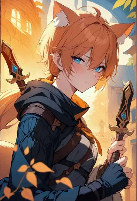 (1man, Masterpiece, best quality) Adult orange cat-boy character, orange hair, blue eyes, holds two daggers, fantasy adventurer assassin outfit