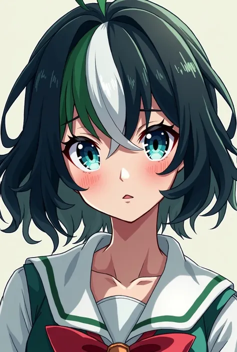  You have a girl in the style of Boku no Hero Academia with the following appearance: short shoulder-length hair, color black with a white and green tuft ,wavy hair, blue eyes, the right eye is bluer and a red flash , red lips, long eyelashes ,pale skin an...