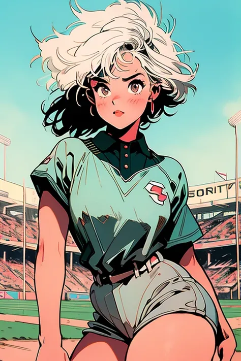  Baseball girl in action to throw ball,  Ebony girl,  abundant white hair ,  thick legs ,  small breasts, baseball uniform . stadium background,  there is dust from the movement . 