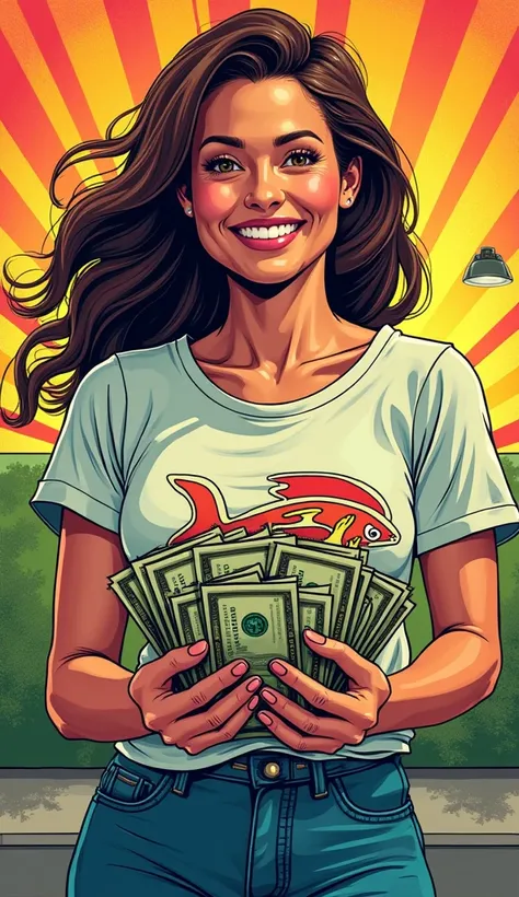 DISCREET image. with discreet casual clothes. image adult woman, american, comic book style. happy with lots of money in hands. with a fish t-shirt. IMAGES WITH VIBRANT COLORS.