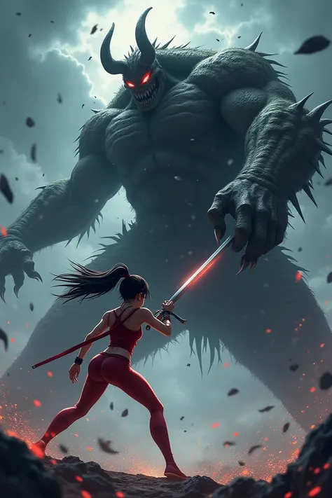 Draw me a picture of an anime girl in red tights and a scary sword fighting a hornless giant.