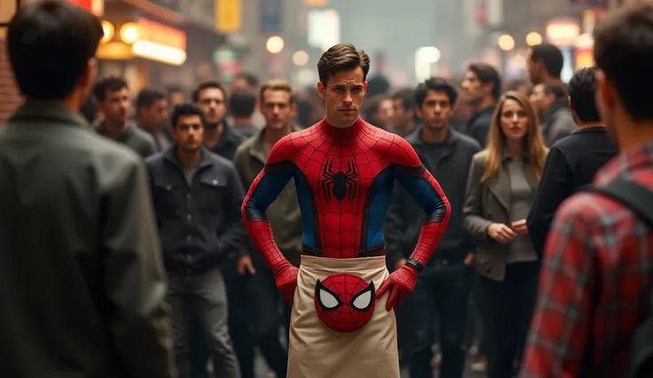 Peter stares in disbelief, his hands on his hips. ‘Really? You couldn’t just ask?’ he mutters, adjusting his Spider-Man mask peeking out of his apron pocket. The crowd backs away nervously, unsure whether to flee or watch the unfolding chaos.”
