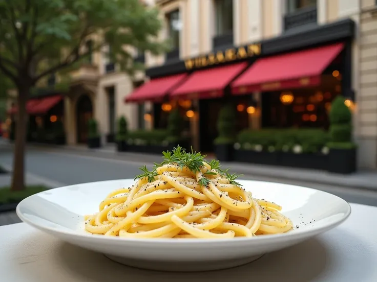 realistic luxury white cream pasta named sign restaurant shot from outside