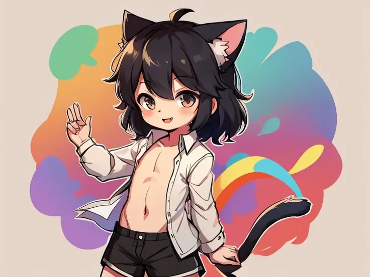 Cute shota boy, thick hair, cat ears, tail, detailed body, open shirt, shorts, colorful background 