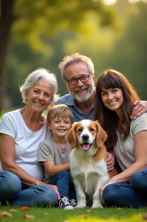 family, ADULT, 3 WOMEN 3 MEN AND 1 BOY WITH BLONDE HAIR AND BLACK EYES, ALL TOGETHER WAITING IN A PARK, PLUS 1 DOG with white and brown color. The family consists of grandparents, mother, father, uncle and his fiancée. Create a beautiful family portrait wh...