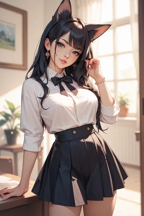 A Foxgirl with black hair wearing a black skirt and black eyes