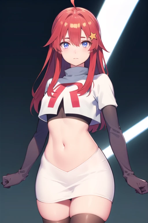 itsukinakano, itsuki nakano, bangs, blue eyes, hair between eyes, ahoge, red hair, star (symbol), hair ornament, star hair ornament,
BREAK team rocket,team rocket uniform,white skirt,red letter R,crop top,black thigh-highs,black elbow gloves,
BREAK looking...