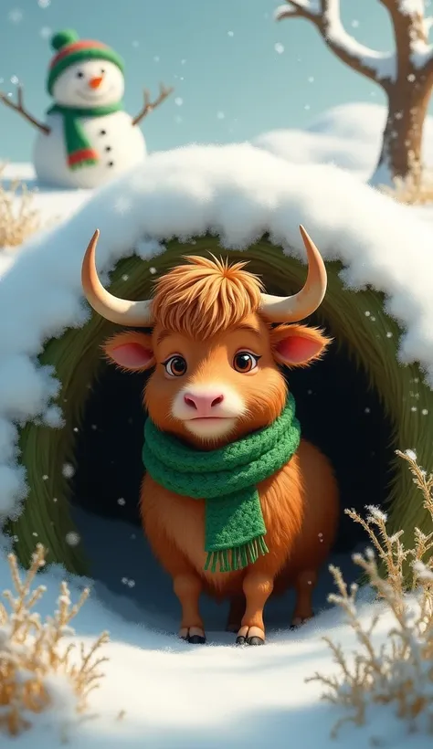 A MINI OX WITH A GREEN BURROW AND SCARF WITH A SNOWMAN