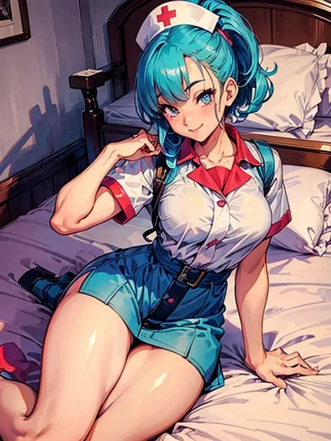 big ass,seductive smile,in the beds, nurse uniform  , beautiful face,  detailed eyes, long,  medium breasts ,  thin waist ,  thin legs ,  perfect body , Bulma
