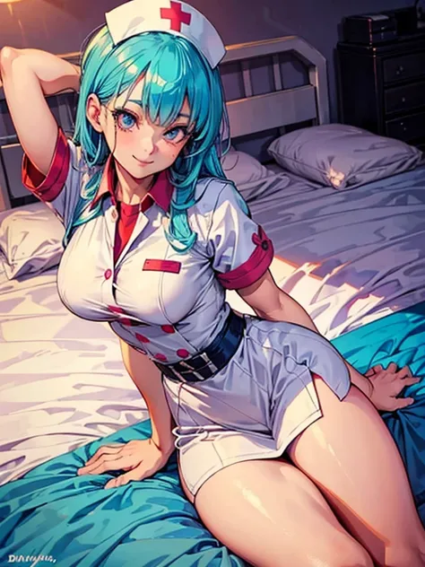 big ass,seductive smile,in the beds, nurse uniform  , beautiful face,  detailed eyes, long,  medium breasts ,  thin waist ,  thin legs ,  perfect body , Bulma
