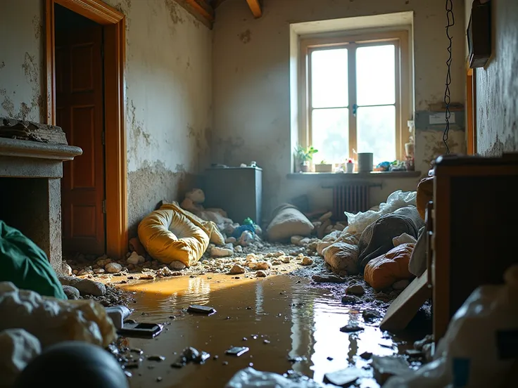  featured image for the blog post with the following title : " Cleaning after floods :  challenges and solutions ".  The image must be inside a house with a lot of garbage inside, Remnant of a recent flood 