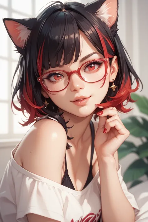 A nerdy Catgirl wearing glasses with red eyes and short black hair with red highlights