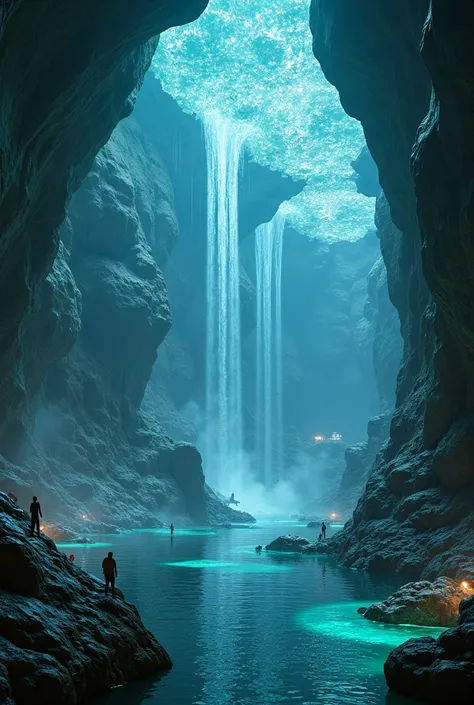 Deep beneath the surface of an alien world lies a mesmerizing subterranean realm, where technology and nature merge in perfect harmony. Waterfalls of liquid light cascade into crystalline pools, illuminating a sprawling port alive with breathtaking activit...