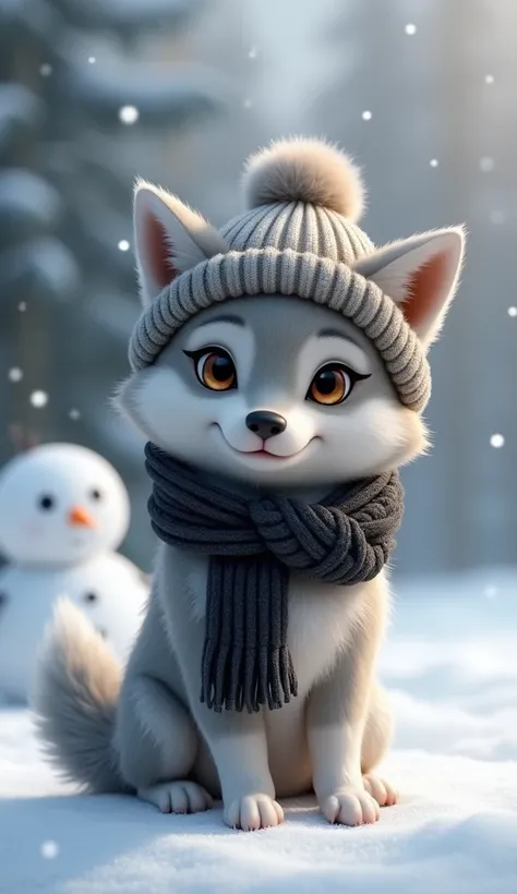 A MINI WOLF IN A BEANIE AND A BLACK SCARF WITH A SNOWMAN