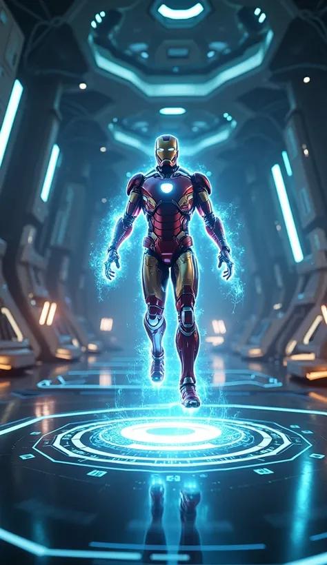 A futuristic testing arena with a person wearing an Iron Man-like suit in action. The arena has high-tech obstacles, and the suit is glowing as it performs incredible feats like flying, jumping, or blasting energy. The arena is filled with digital holograp...