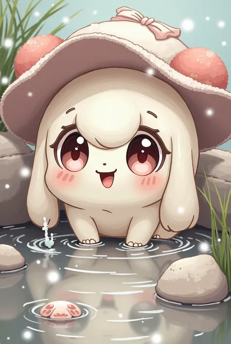 An illustration based on the provided reference, featuring the same character with a playful and adorable expression. The design stays true to the original style, with detailed features and a whimsical aesthetic. The character is interacting with water, po...