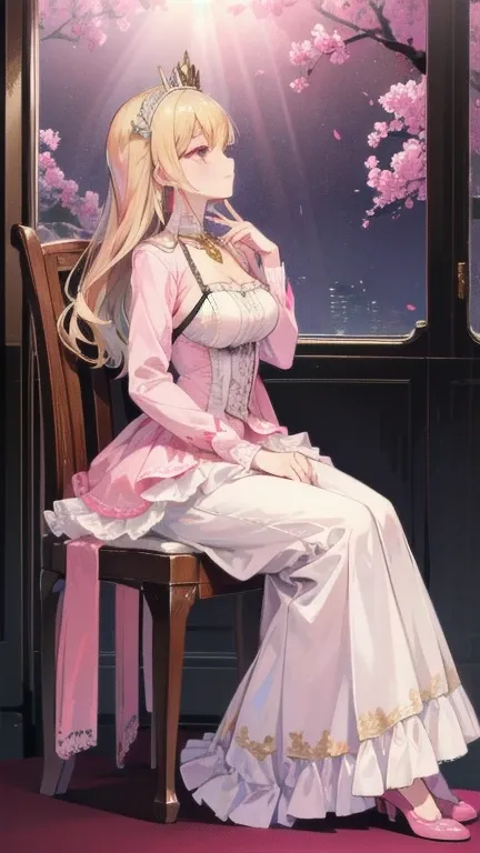 (( A bustling station of relief )), Marie Antoinette , super detailed face,fine grain,  open your mouth slightly,( blonde alone), long hair, wavy hair, break,Rococo Ruffle Dress,Long sleeve dress, The dress has a long skirt , Baroque Dress ,  intricate fan...