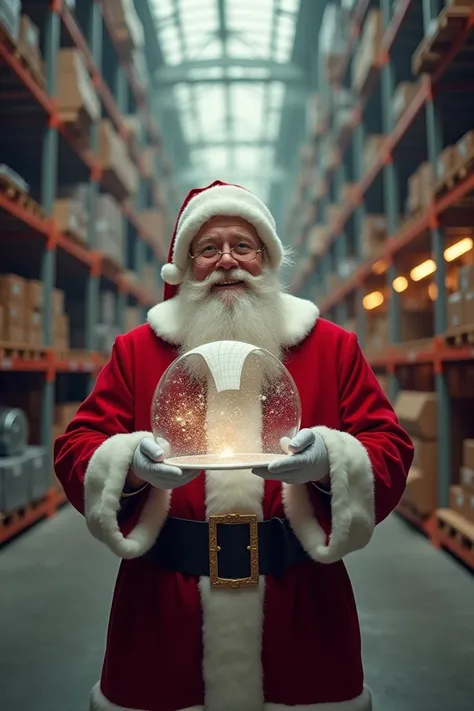 Create photo of Santa Claus in Makro holding a transparent glass plate in his hands