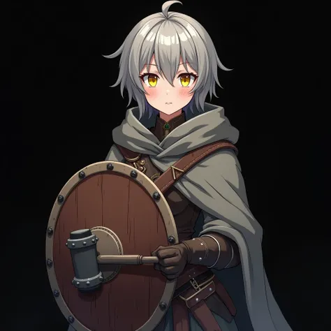 An anime picture featuring a 40 year old girl with short grey hair and with bright yellow eyes with dirt marks on her facing wearing a medieval blacksmith outfit with a grey robe and hood over her clothes while holding a shield and a blacksmith hammer ,Bla...