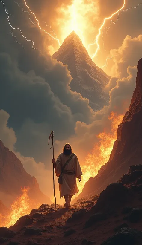 1. The burning Mount :
Uma cena de Moses subindo o Monte Sinai,  surrounded by thick clouds and lightning cutting through the sky.  The mountain is shrouded in fire and smoke ,  with a divine light emanating from the top . Moses,  with a determined express...