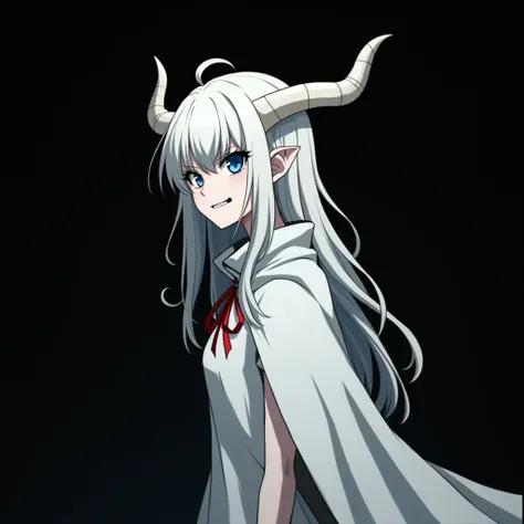 dark shadow shiloutte anime a tall mature eldritch pale whitered white skin female demon creature with one white horn and one black horn with eerie blue eyes and an evil psycho expression on her face with half side long white hair with black thin demon eye...