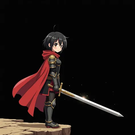 anime slim and fragil 20 year old girl with short black hair and brown eyes wearing a black and red medieval armor with a red cape standing on a cliff while looking down at the viewer with an determined expression holding a silver sword and dirt marks on h...