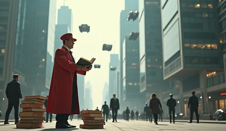  a man dressed as a communist revolutionary with a stack of books on the floor in front of him , He has his hands outstretched offering a book to the robots that walk around the city ,  the scenario takes place on the streets of a large futuristic city wit...