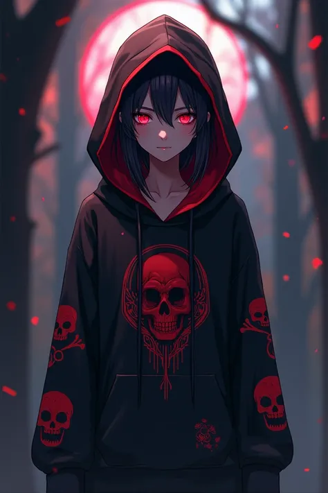 Anime character wearing a reaper hoodie with red details