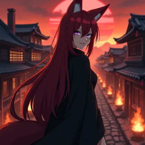 a dark shadow shilloute of a sinister and michevious female kitsune with long red hair and ears and purple eyes wearing a modern black robe with her back turned while looking over her shoulder towards the viewer with an evil smirk expression, village on fi...