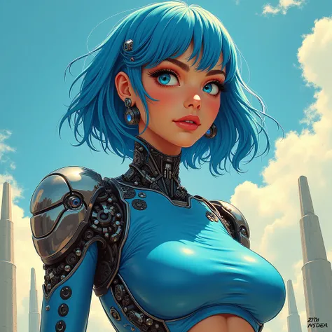 a cartoon of a woman with blue hair and a blue top, an airbrush painting inspired by Rob Liefeld, featured on deviantart, digital art, full color digital illustration, beautiful cyborg girl pinup, airbrush digital art, full color illustration, cyborg - gir...