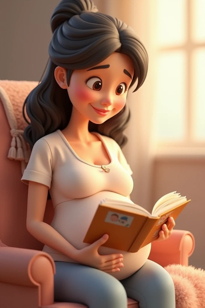 Relaxed pregnant woman reading for her babys well-being in 3d cartoon 