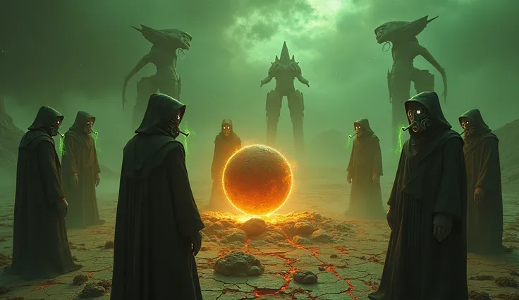 A cinematic cosmic horror scene featuring a group of hooded figures standing in a circular formation around a pulsating, glowing sphere partially buried in cracked, barren ground. Each figure wears grotesque metallic masks adorned with intricate rotating g...