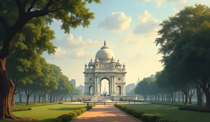 "A distant, wide-angle view smooth oil painting of Calcutta during the daytime, with the iconic Victoria Memorial in the center. The camera is tilted slightly upwards to capture the grandeur of the structure from a far distance. Surrounding the memorial, t...