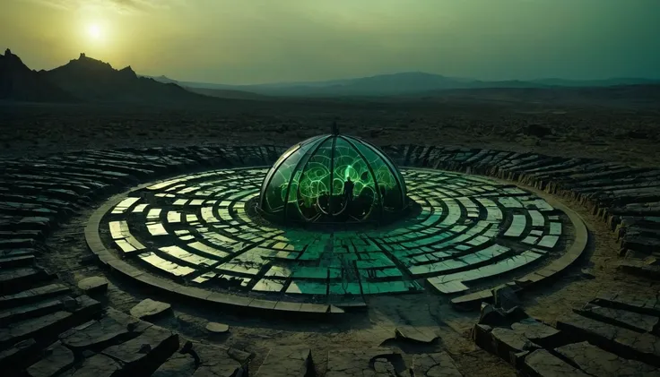 A cinematic cosmic horror scene featuring a group of hooded figures standing in a circular formation around a pulsating, glowing sphere partially buried in cracked, barren ground. Each figure wears grotesque metallic masks adorned with intricate rotating g...