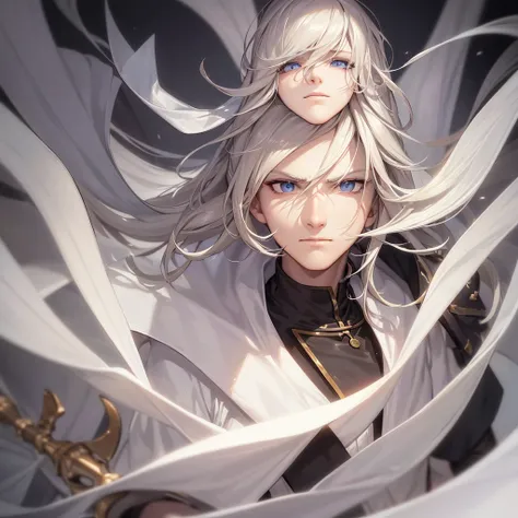 (High-quality,  awesome),(  expressive eyes  ,  perfect face ) 1male, male, Alone, ,  medium length hair ,  the hair has white tips ,  light blond hair color almost white, unkempt hair, bright silver eyes,  fantasy wizard clothing ,  portrait, magic, Serio...