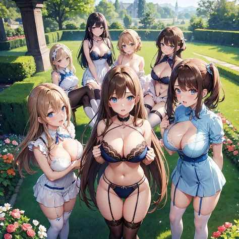 ( high definition ), anime style,6 Girls,  brown hair,  Long Hair,  blue eyes,  looking at the camera,Can you pose wearing blue sexy lingerie, (breast:1.2), (( clevis)), Thighs,garden,( glamorous ),Clear skies, open her mouth ,Embrace each other,In the gar...