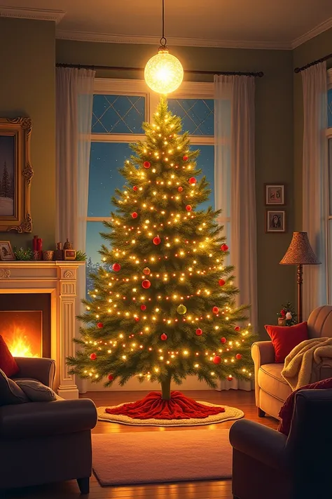 Illustration: A Christmas tree with a glowing ornament at its center, surrounded by a warm, cozy living room.