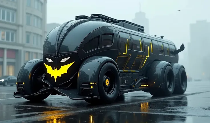 
" Imagine a futuristic vehicle that combines elements of Batman and the design of a dark bus .  The vehicle has a large and long body like a bus ,  but with a dark and mysterious aesthetic typical of Batman .  The body is deep black with neon gray and yel...