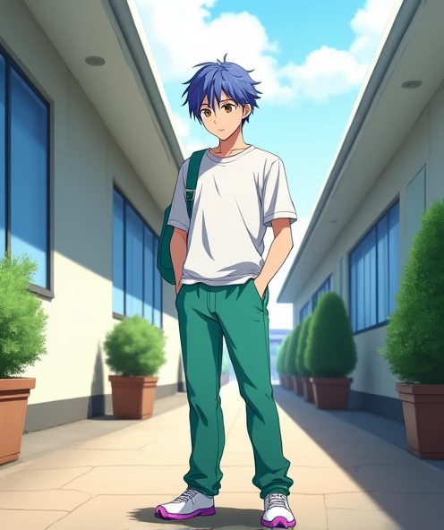 An 18-year-old anime man , anime To love ru,  soft lighting ,  Standing in the corridors outside a white school with blue tinted windows with medium-sized flower pots along the corridor in the city of Tokyo, During the afternoon with few clouds and orange ...