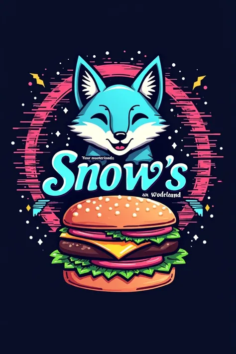 A 80s old logo with static of a pizzeria named snows wonderland with a artic fox at the top with a burger 