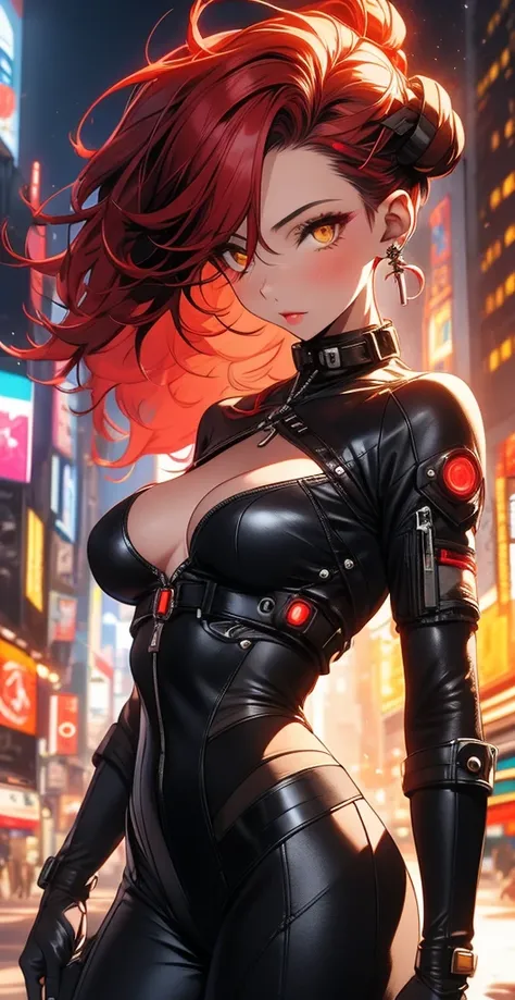  High definition,  Realistic anatomy,  better quality,  high quality ,  Cyberpunk,city of the future,Cyborg girl, long hair,  red hair, Double bun, curls, Breasts,  big breasts , yellow eyes, makeup, Light blush, scarlet lips,  Cowboy shooting, 