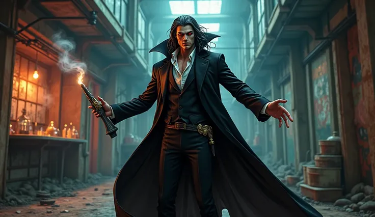  Character Description :  Create a unique mobster vampire ,  that exudes an aura of power and mystery .  He must have an imposing appearance ,  with pale skin and penetrating eyes that shine in an intense red tone.  Your hair is long and dark ,  falling in...