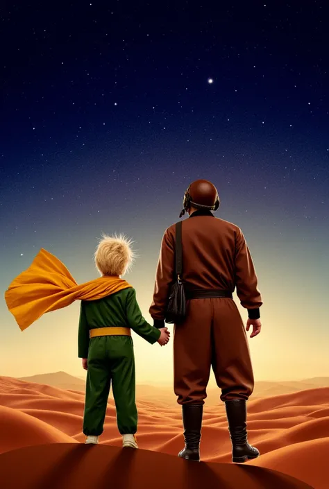 A breathtaking fantastic illustration of a vintage-inspired movie poster with the iconic St-Exuperys small Little Prince with blond hair in the wind standing, view from back, set against a majestic desert landscape at dusk, donning a vibrant yellow scarf t...